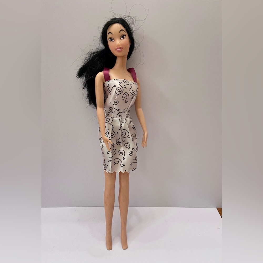 Vintage, 1990s Barbie Doll in White Printed Mini Dress